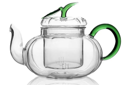 Pumpkin Green Leaves Glass Teapot