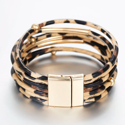 Leopard Leather Wrap Bracelet - Multilayer Metal Tube Charm