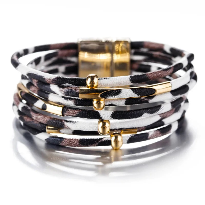 Leopard Leather Wrap Bracelet - Multilayer Metal Tube Charm