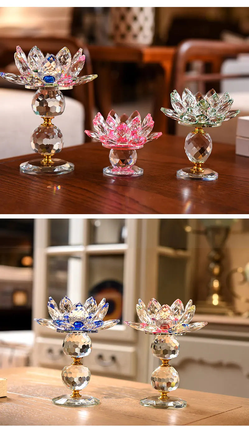 Crystal Glass Lotus Flower Metal Candle Holders Feng Shui Home Decor