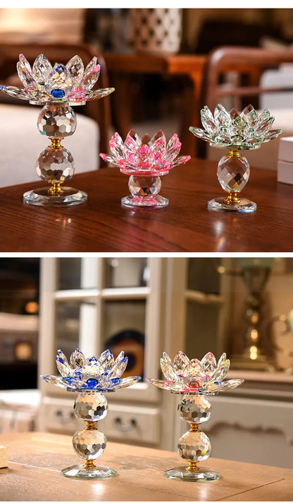 Crystal Glass Lotus Flower Metal Candle Holders Feng Shui Home Decor