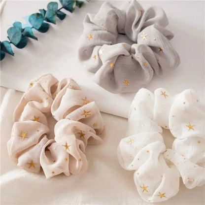 Gold Star Printed Chiffon Hair Scrunchies Elastic Band Hair Tie for Girls