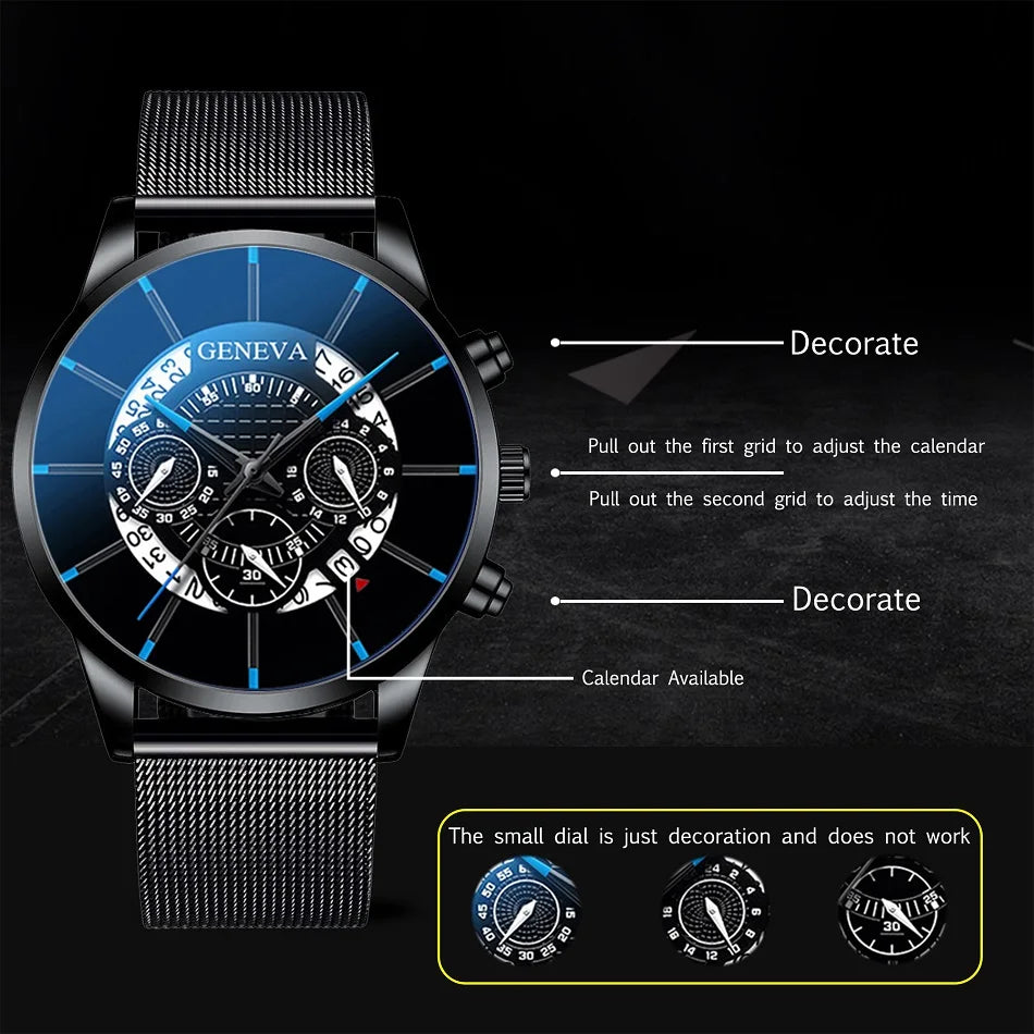 Montre calendrier bleue en acier inoxydable pour homme