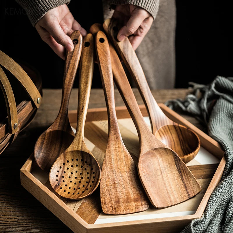Handcrafted Thailand Teak Wood Tableware Set