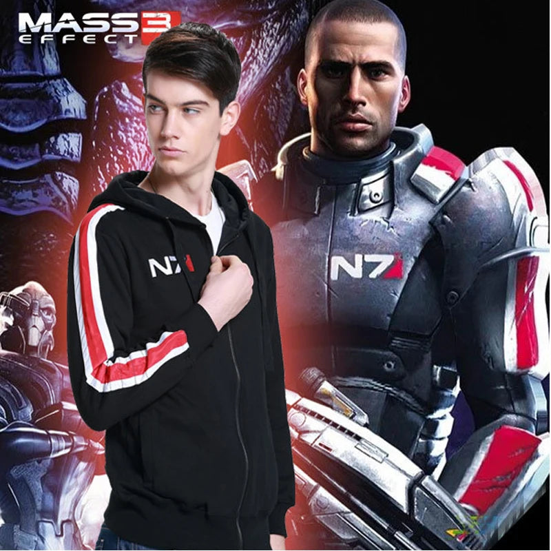 Schwarzer Mass Effect-Kapuzenpullover mit Reißverschluss – bestickte Fleece-Streetwear