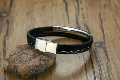 Stainless Steel Leather Charm Bracelet