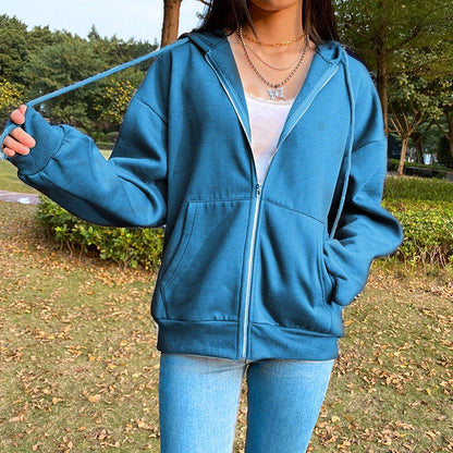 Gray Oversize Hooded Zip-Up Sweatshirt