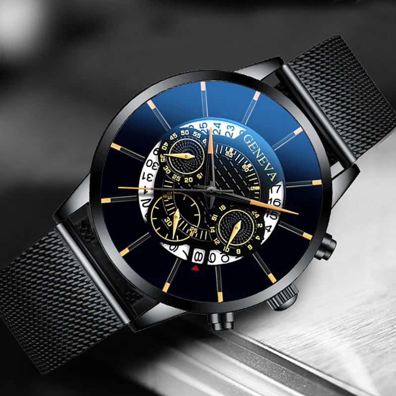 Montre calendrier bleue en acier inoxydable pour homme