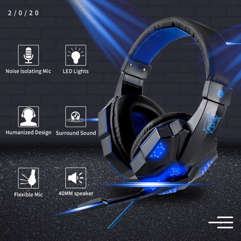 LED Light Wired Gaming Headphones Microphone, Bass Stereo Sound, for PC, PS4, PS5, Xbox - Gaming Headset