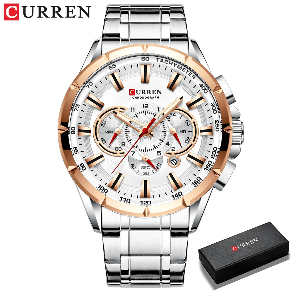 Curren watch with silver and rose gold design on a white background