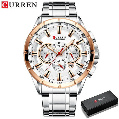 Curren watch with silver and rose gold design on a white background