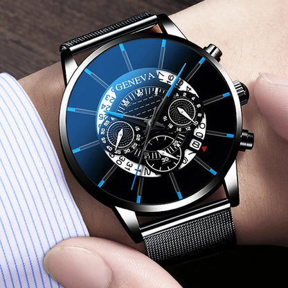 Montre calendrier bleue en acier inoxydable pour homme