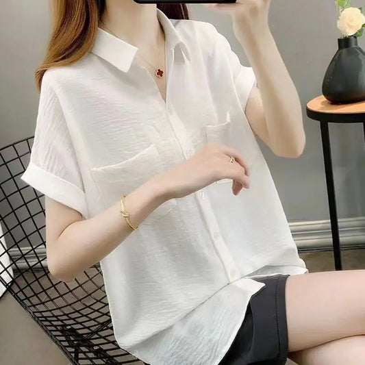 Women's Loose Fit Shirt, Chiffon Thin Shirt, Short Sleeve Chiffon Top, Casual Summer Blouse, Lightweight Loose Blouse, Women's Chiffon Shirt, Breathable Chiffon Top, Loose Fit Short Sleeve Blouse, Ladies Summer Casual Shirt, Elegant Chiffon Shirt for Women