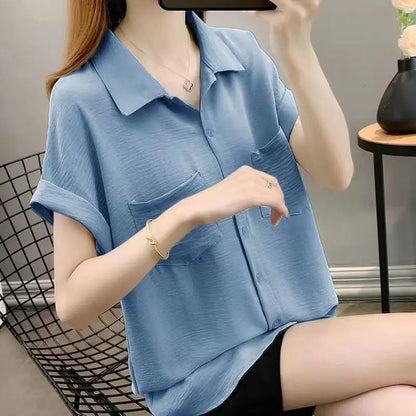 Women's Loose Fit Shirt, Chiffon Thin Shirt, Short Sleeve Chiffon Top, Casual Summer Blouse, Lightweight Loose Blouse, Women's Chiffon Shirt, Breathable Chiffon Top, Loose Fit Short Sleeve Blouse, Ladies Summer Casual Shirt, Elegant Chiffon Shirt for Women