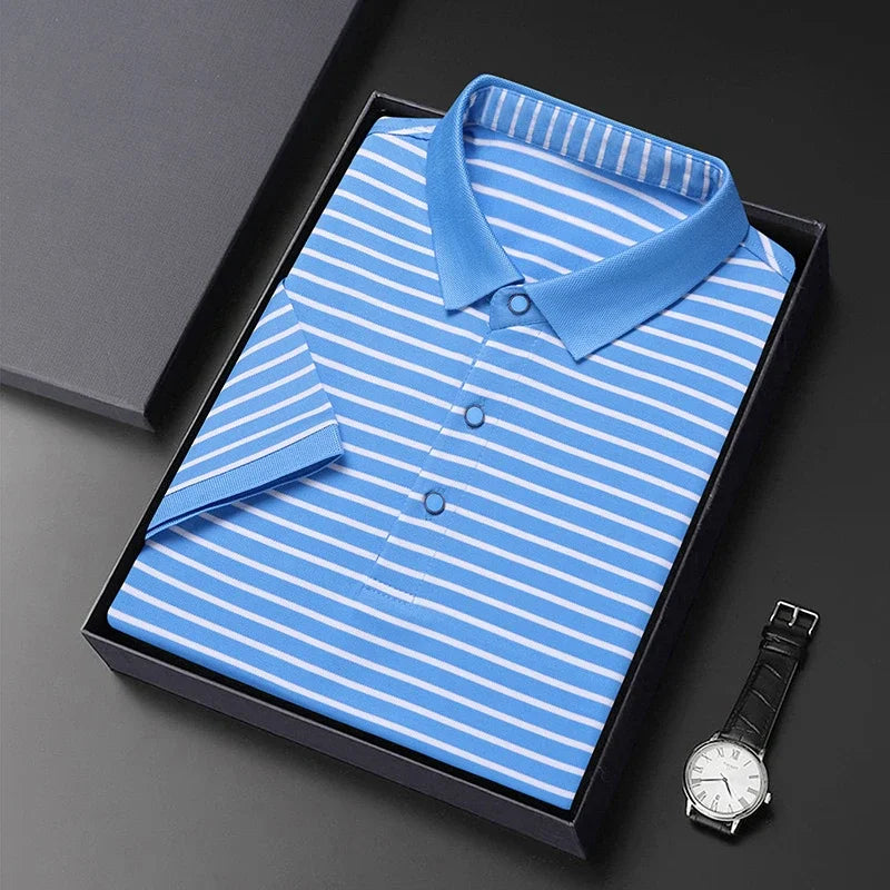 Men's Short Sleeve Breathable Cotton Pinstripe Polo Shirts