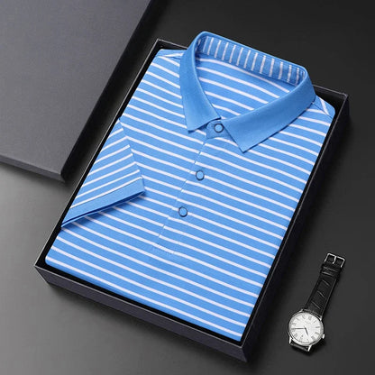 Men's Short Sleeve Breathable Cotton Pinstripe Polo Shirts