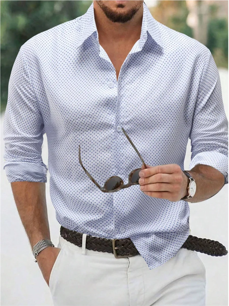 men's blue polka dot long-sleeve button-up shirt, men's summer lapel shirt, outdoor streetwear shirt for men, men's polka dot casual shirt, long-sleeve lapel button-up shirt men, trendy men's summer shirt, stylish outdoor shirt for men, blue polka dot streetwear shirt, men's fashion long-sleeve shirt, casual button-up shirt for men