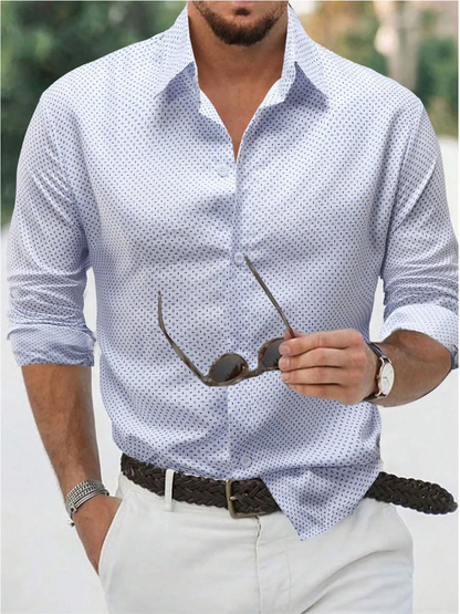 men's blue polka dot long-sleeve button-up shirt, men's summer lapel shirt, outdoor streetwear shirt for men, men's polka dot casual shirt, long-sleeve lapel button-up shirt men, trendy men's summer shirt, stylish outdoor shirt for men, blue polka dot streetwear shirt, men's fashion long-sleeve shirt, casual button-up shirt for men