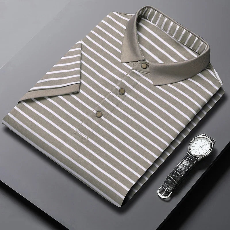 Men's Short Sleeve Breathable Cotton Pinstripe Polo Shirts