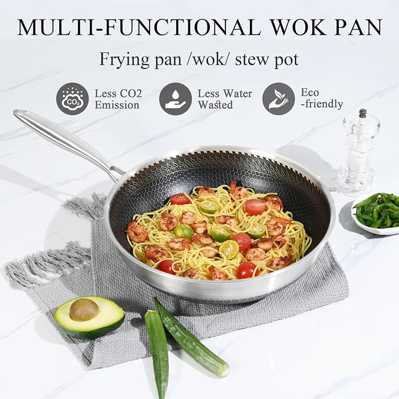 Multi-functional wok pan with stir-fry dish on a white background