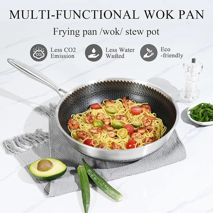Multi-functional wok pan with stir-fry dish on a white background