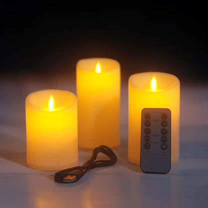 Lot de 3 bougies piliers LED sans flamme rechargeables par USB - Télécommande