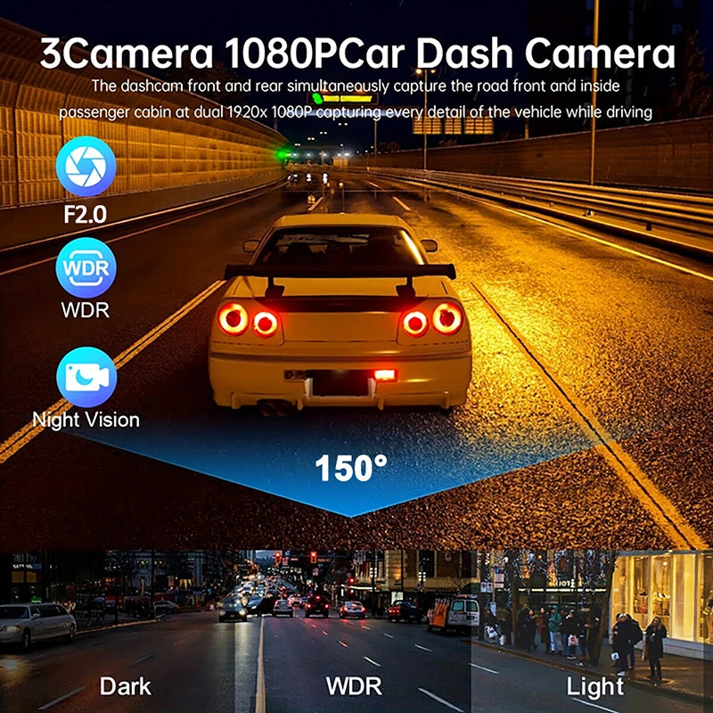 3-Channel Dash Cam with Wi-Fi - Front & Rear View - App Control