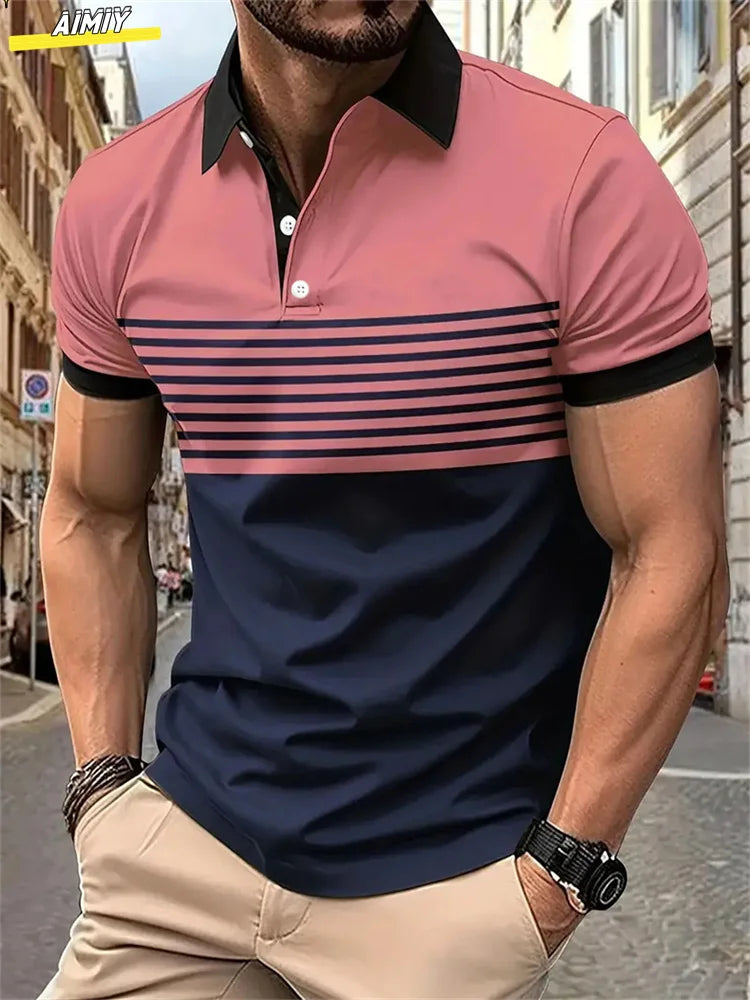 Herren Golf Stripe Poloshirt Lässiges Kurzarm-Poloshirt Einfarbiges Revers Mode Neues Business-Sport-T-Shirt Atmungsaktives Oberteil