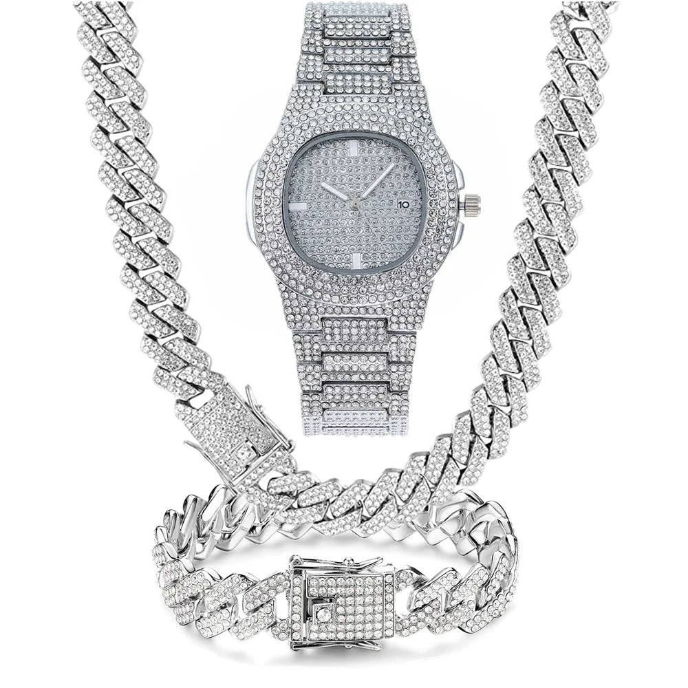 Luxuriöses Iced Out-Uhren- und Bling-Schmuckset