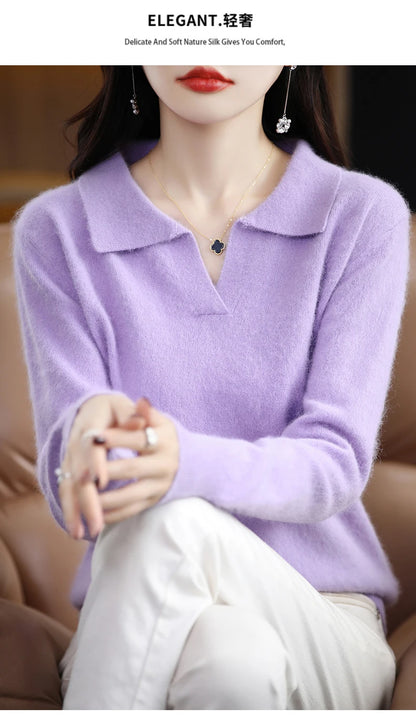 Pulls polo tricotés à manches longues en pur vison et cachemire pour femmes