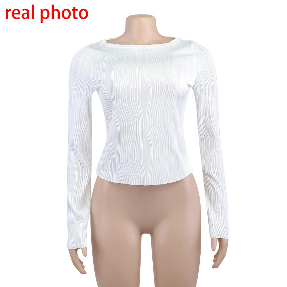 Ruched Long Sleeve T-shirts Women Crop Top