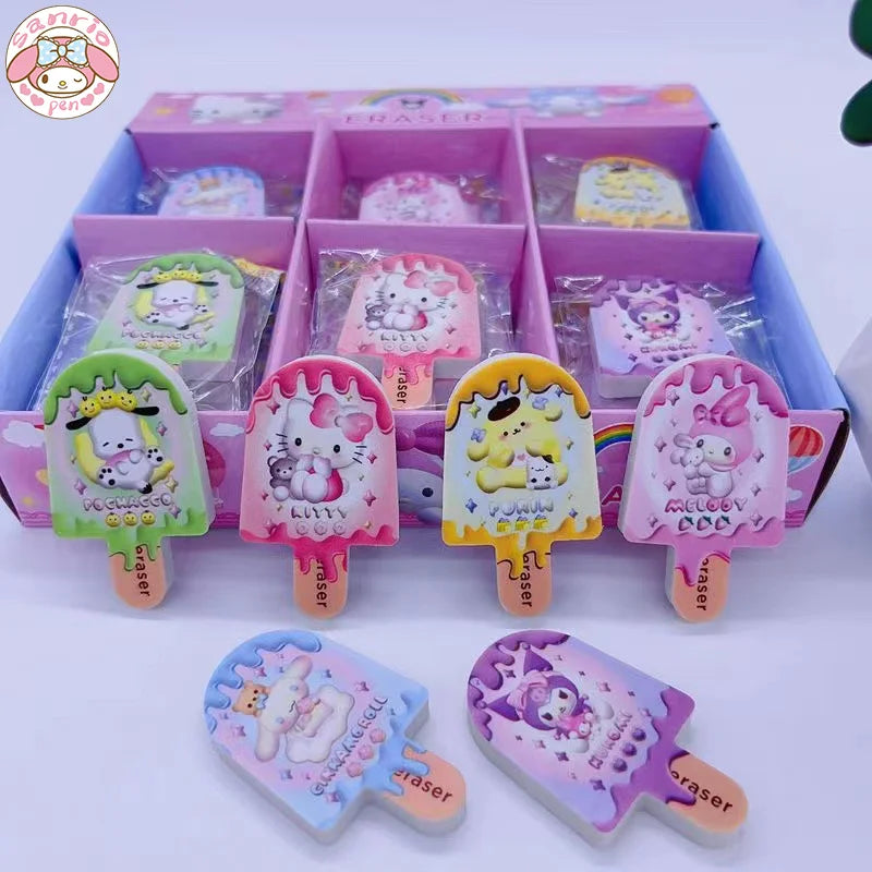 15/30pcs Cute Kuromi Hello Kitty Ice Cream Erasers Set