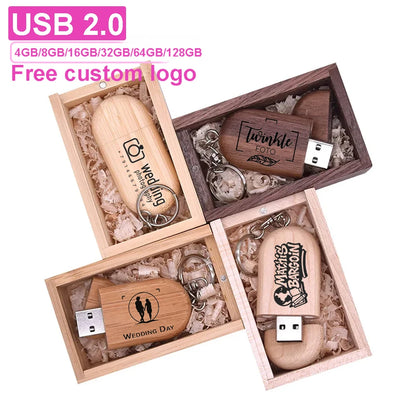 Wooden/Bamboo USB 2.0 Flash Drive with Keychain - 4GB to 128GB
