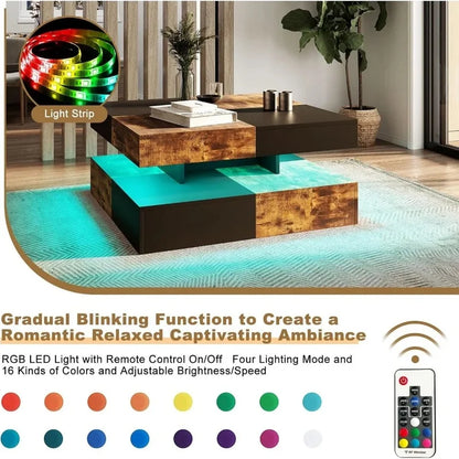 Coffee Table with Detachable Tray and Plug-in 16-color LED