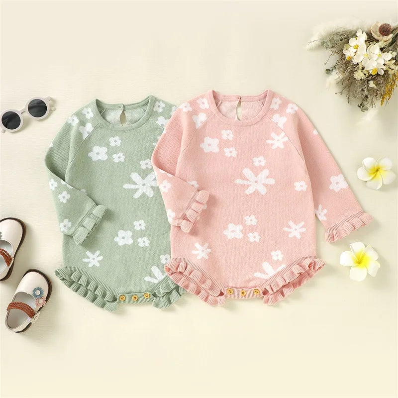 Knitted Infant Girl Bodysuits Floral Winter Playsuits