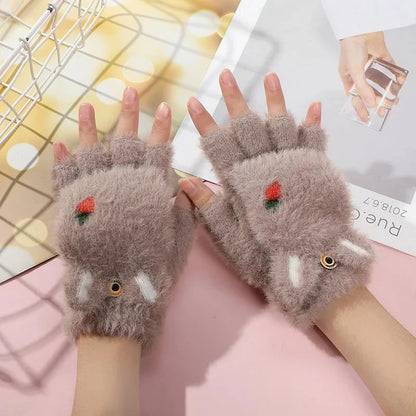 Mitaines en peluche pour femmes - Gants demi-doigts en fourrure de lapin épaisse