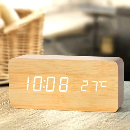 Voice Control Wooden LED Alarm Clock - USB/AAA Powered