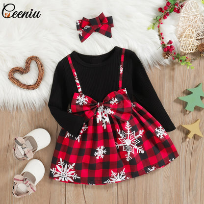 Snowflake Print Two-Piece Bow Baby Girl Dress