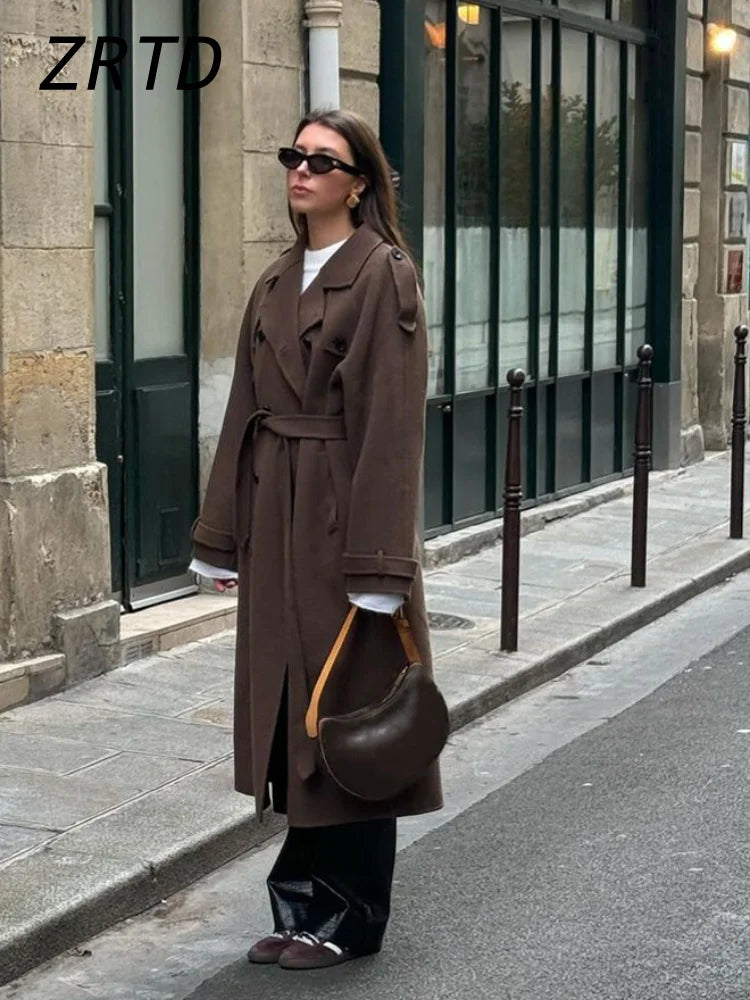 Trench-coat long croisé en laine pour femme - Ceinture