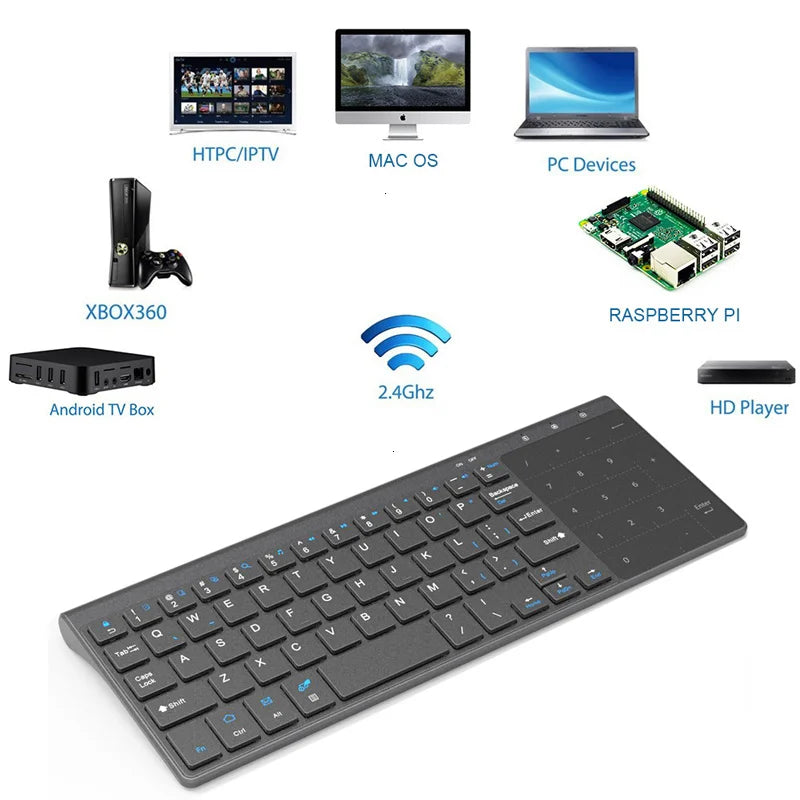 Schlanke kabellose Tastatur mit Touchpad für verschiedene Geräte