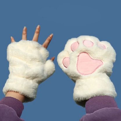 Cute Cat Paw Fingerless Plush Gloves - Warm & Fluffy