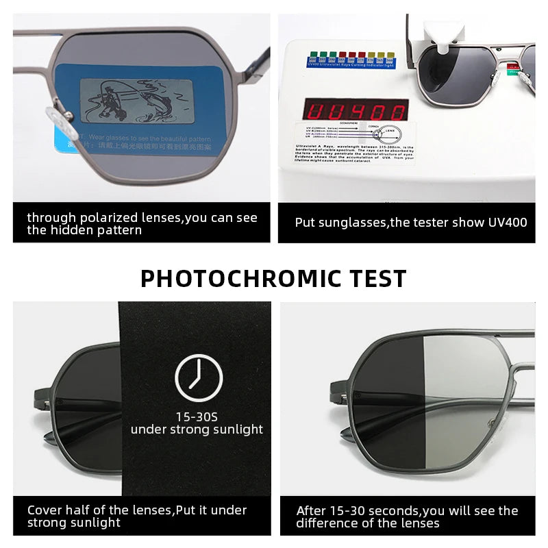 Metal Photochromic Sunglasses UV400 Polarized Anti-Glare Chameleon Driving Shades for Men & Women