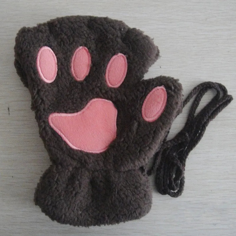 Cute Cat Paw Fingerless Plush Gloves - Warm & Fluffy