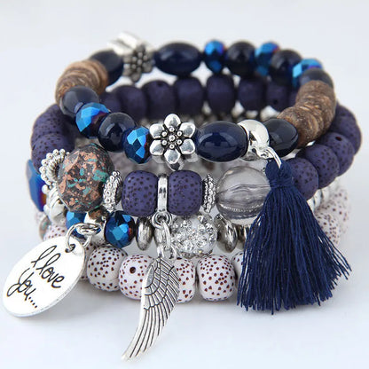 Bracelet élastique en perles de cristal multicolores, pompon, lettres d'ailes