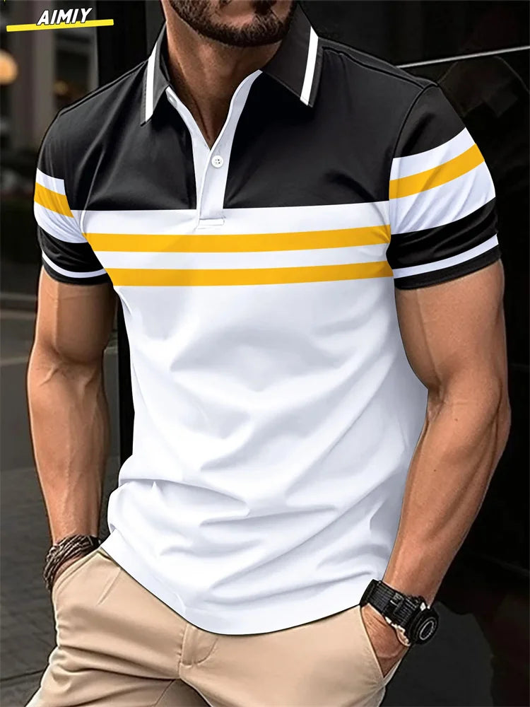 Herren Golf Stripe Poloshirt Lässiges Kurzarm-Poloshirt Einfarbiges Revers Mode Neues Business-Sport-T-Shirt Atmungsaktives Oberteil