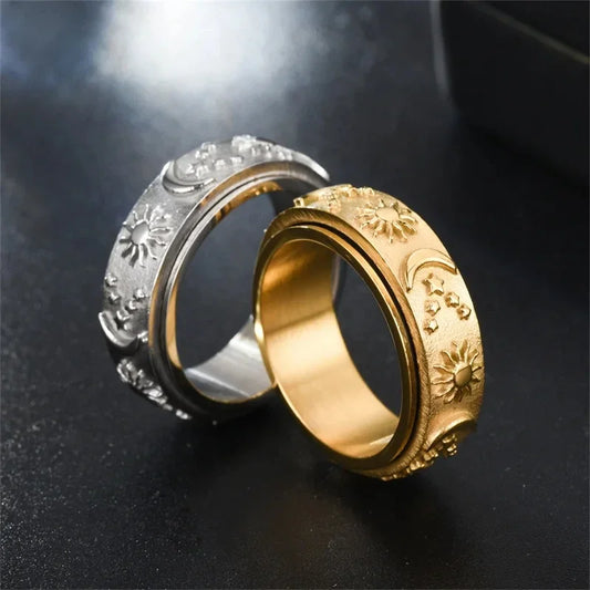 Women's Stainless Steel Rotate Freely Moon Star Ring