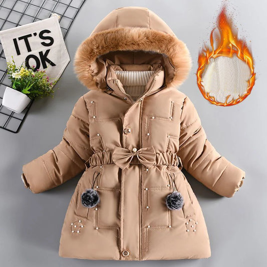Girl's Windproof Winter Hooded Cotton Plush Collar Coat