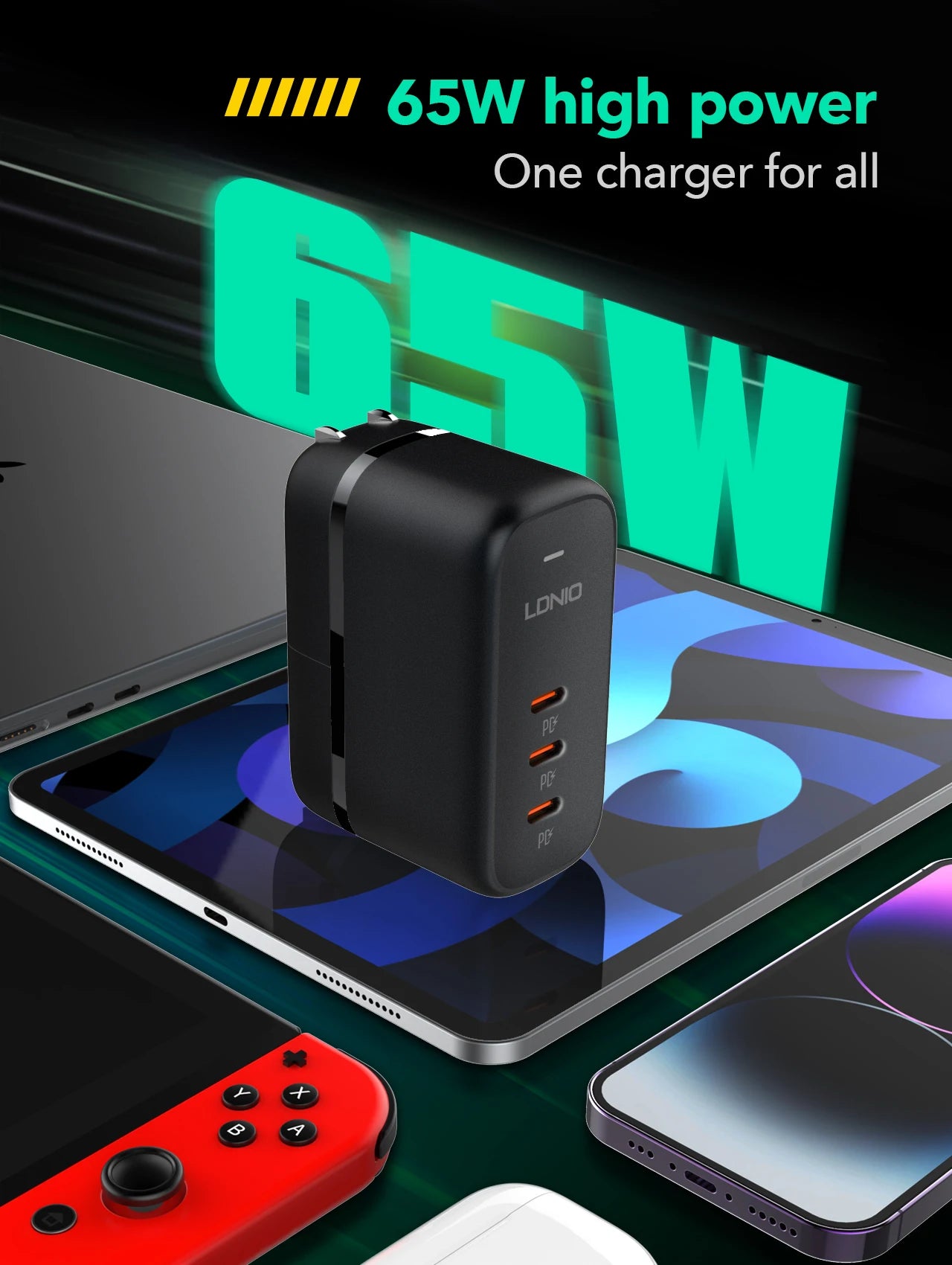 65 W QC3.0 3-Port USB C Schnellladegerät