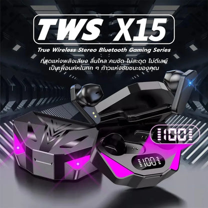 X15 TWS Gaming Earphones Wireless Bluetooth with Mic Bass Audio, 9D Stereo HiFi Sound Headset