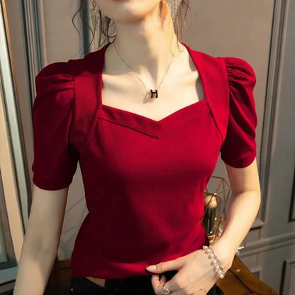 Slim Puff Sleeve Blouse with Square Collar